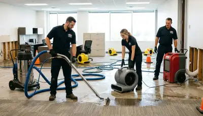 Commercial water damage restoration crew in Chesapeake, VA inspecting flood damage and drying equipment