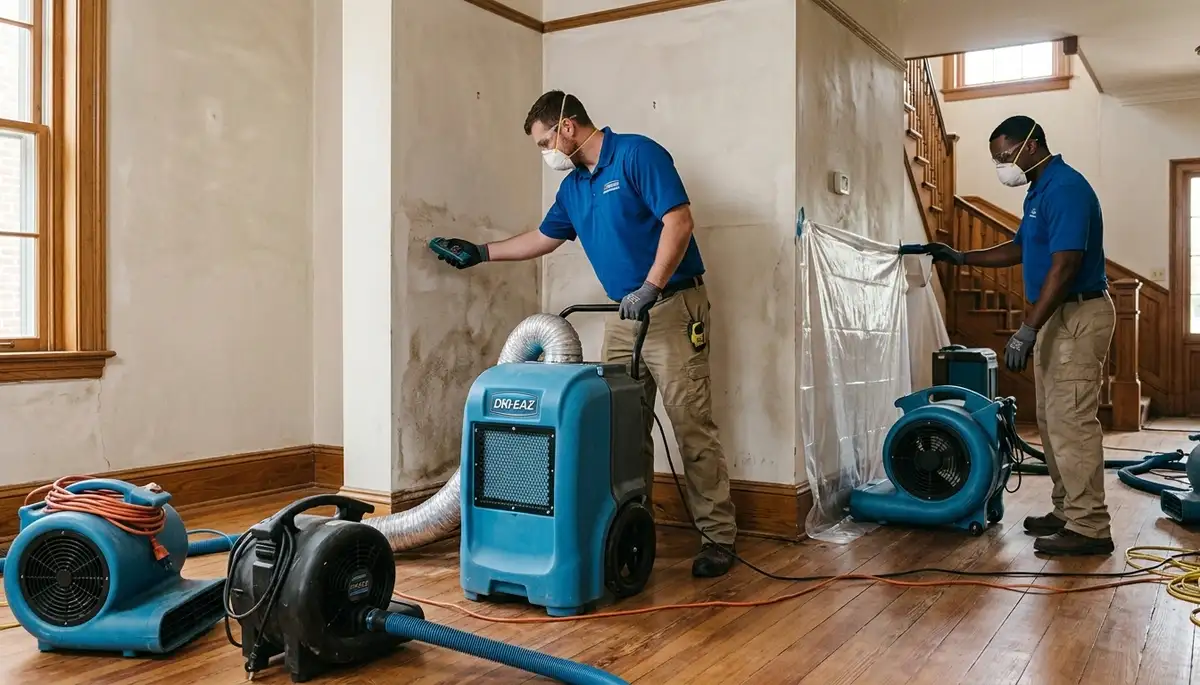 Water damage restoration team in Chesapeake, VA inspecting a flood-damaged property