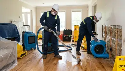 Water damage restoration team in Chesapeake, VA inspecting a flooded home after heavy rain